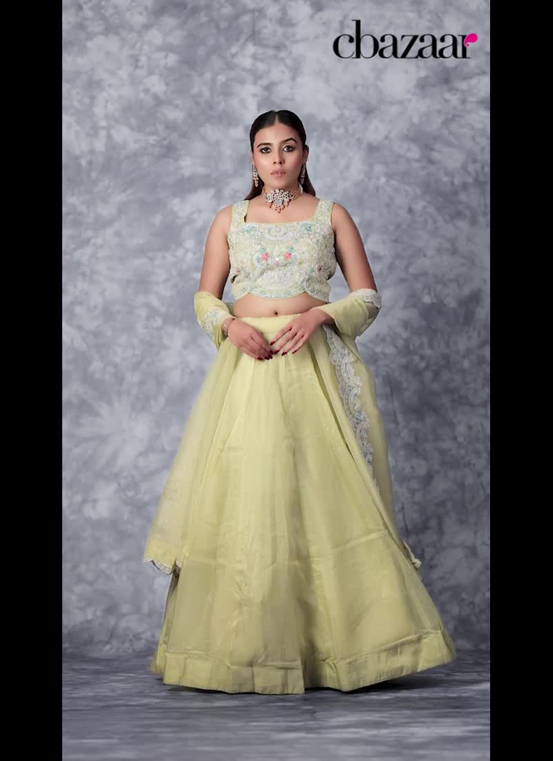 Pista Green Organza Tissue Zari Sequins And Stone Work Choli Lehenga Wedding Wear
