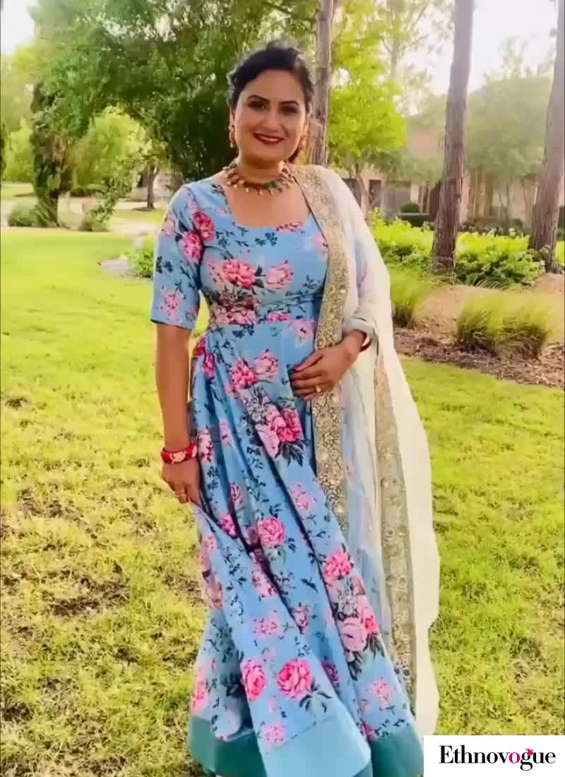 Pista Green Printed Floor Length Anarkali Suit Festive Wear