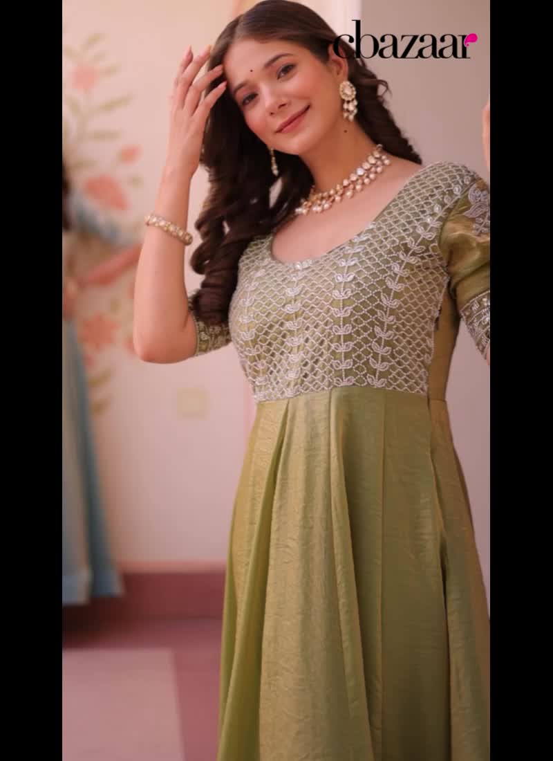 Pista Green Tissue Silk Sequins Beads Anarkali Gown Festive Wear