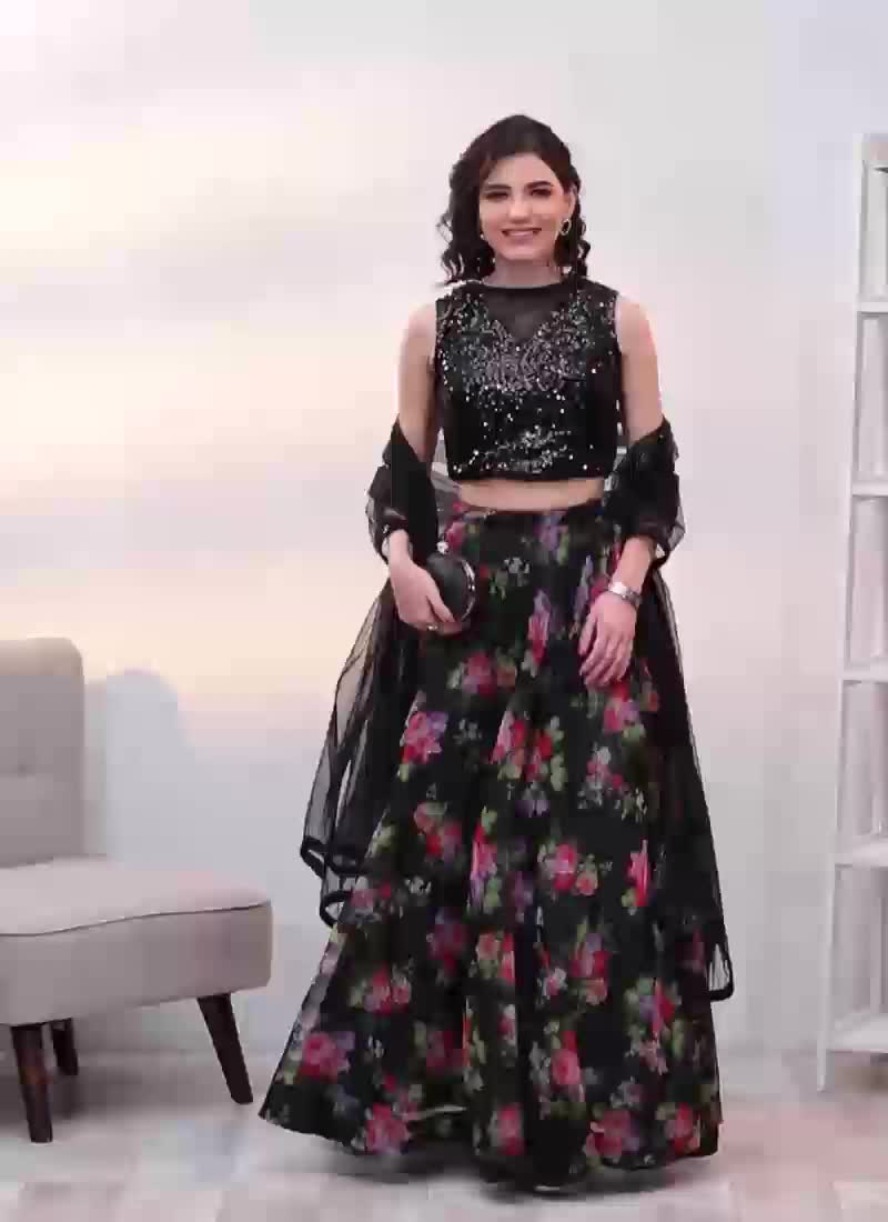 Plunge Black Printed Organza Lehenga Party Wear