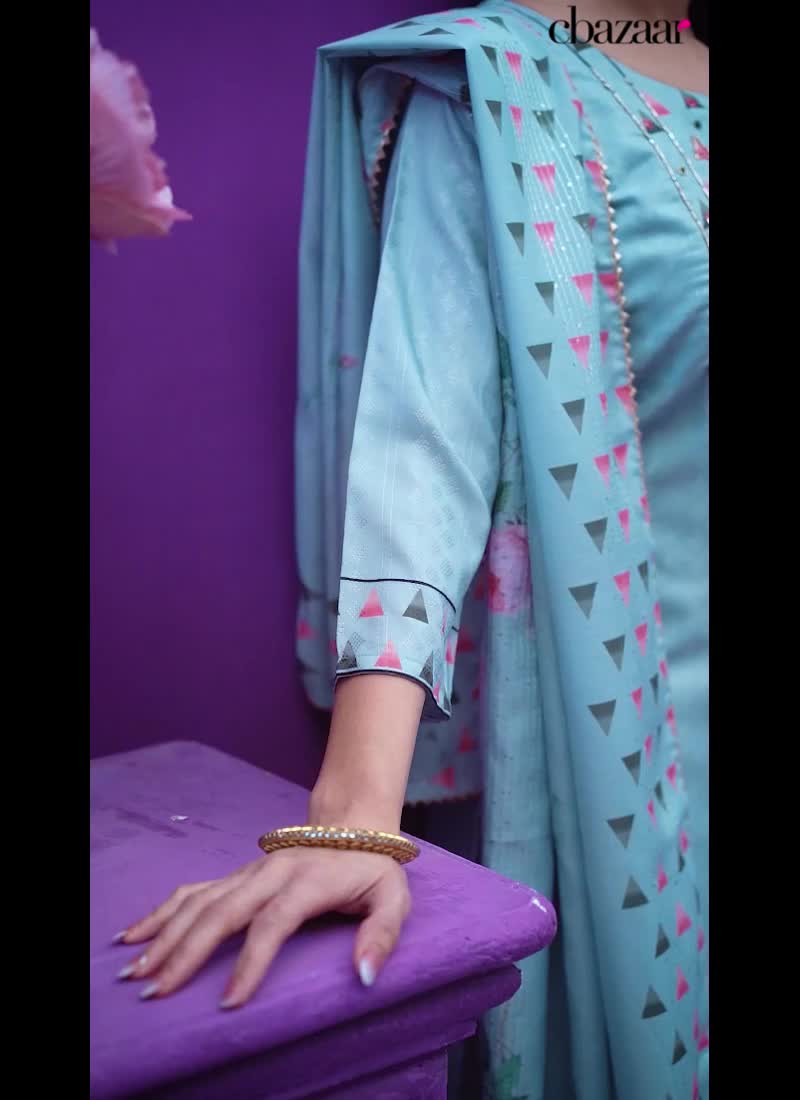 Printed Hand Work Cotton Straight Pant Suit Party Wear