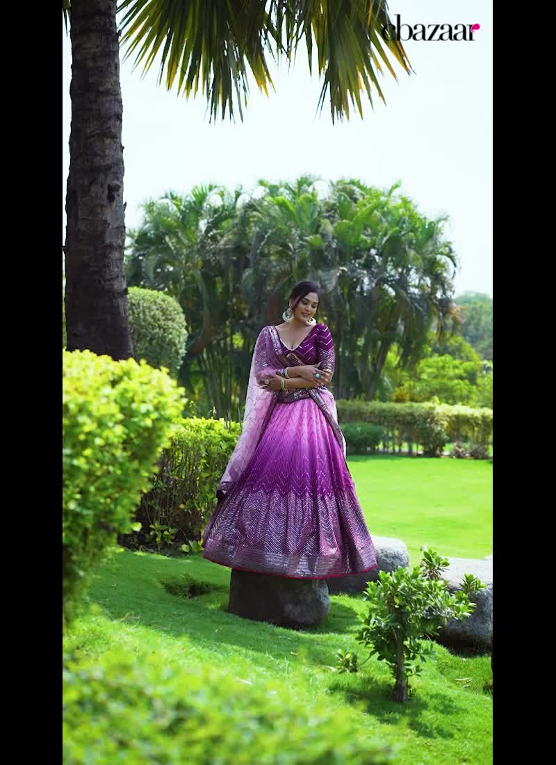 Purple Chinon Chic Desi Bridesmaid Lehenga Party Wear