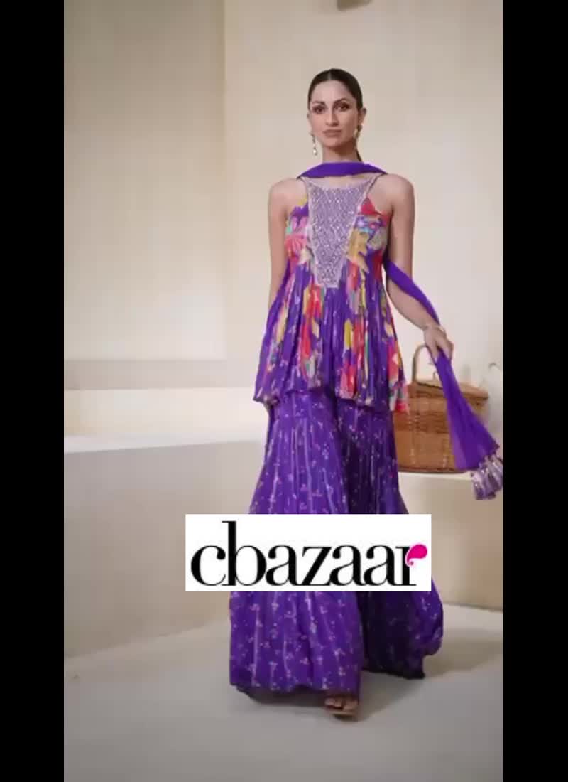 Purple Chinon Embroidered Sequins And Moti Sharara Suit With Dupatta After Six Wear