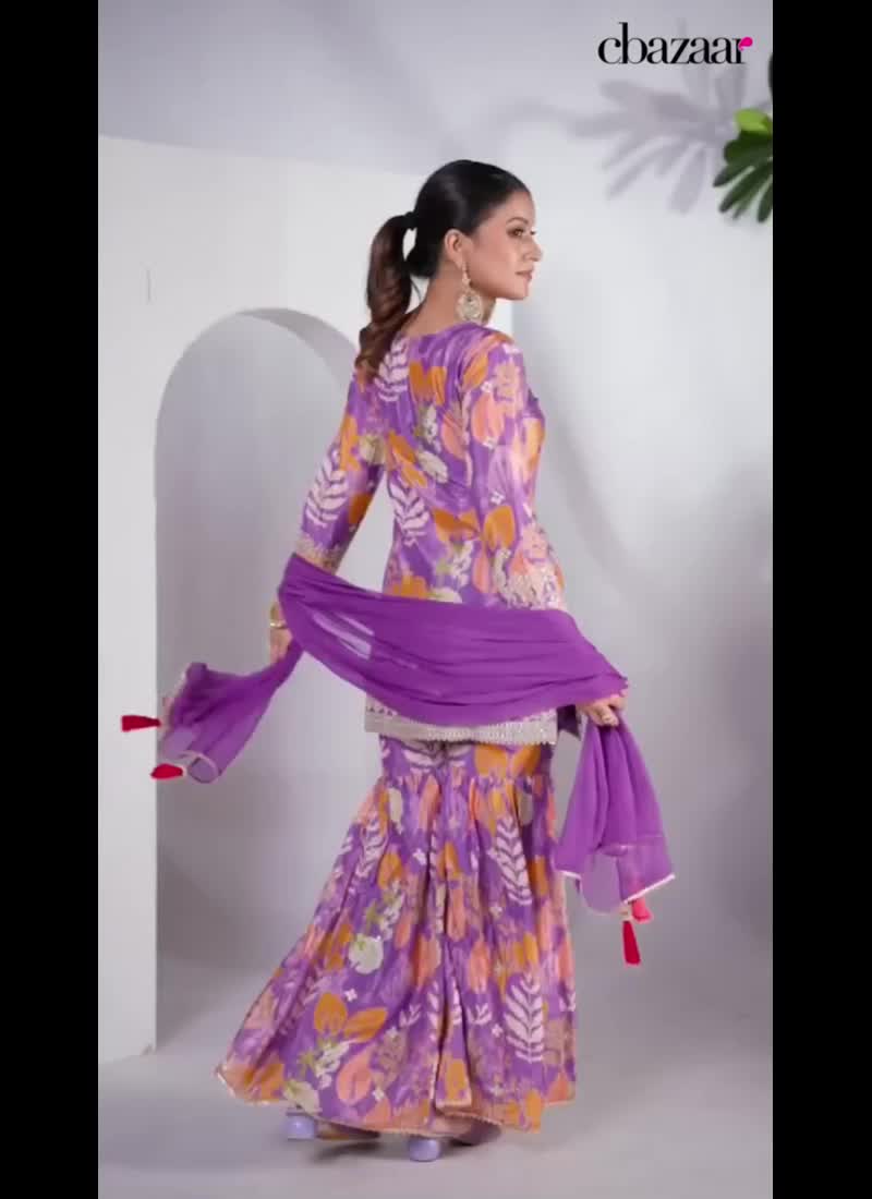 Purple Chinon Floral Print Embroidered Mirror Work Dressy Sharara Suit Party Wear