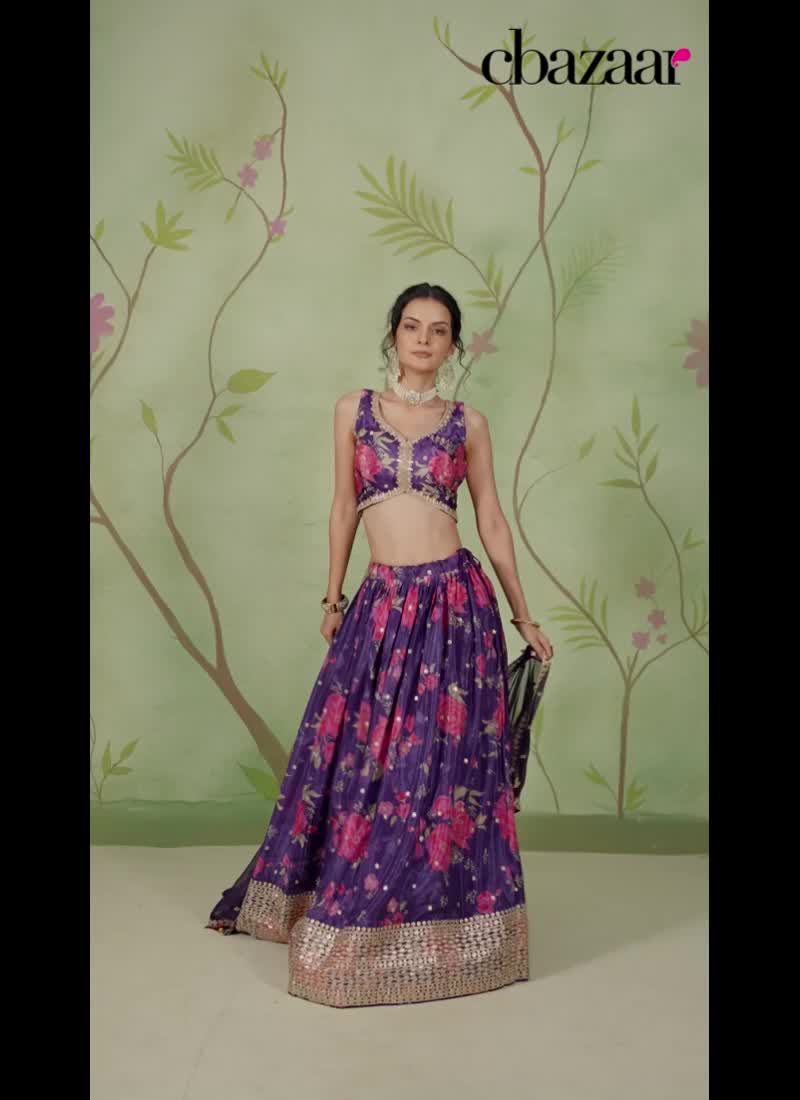Purple Faux Chiffon Floral Digital Print Zari Embroidered Lehenga Wedding Wear