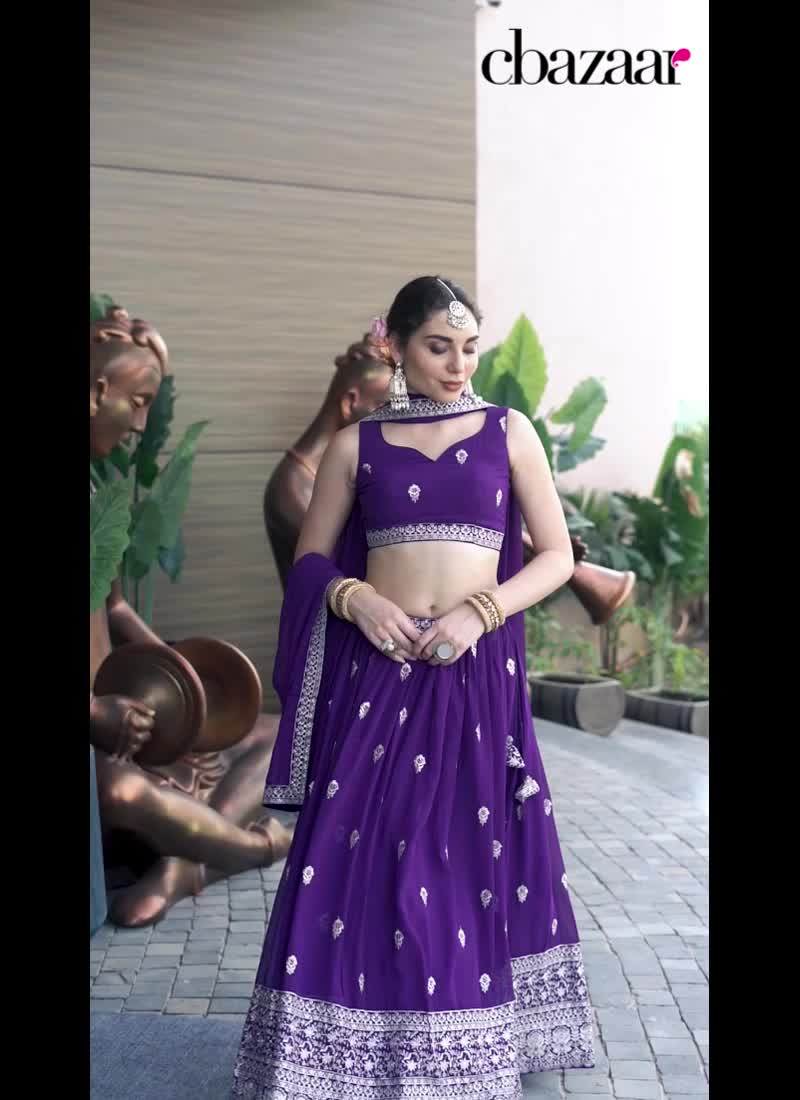 Purple Faux Georgette Zari Embroidered Sequins Elegant Lehenga Wedding Wear