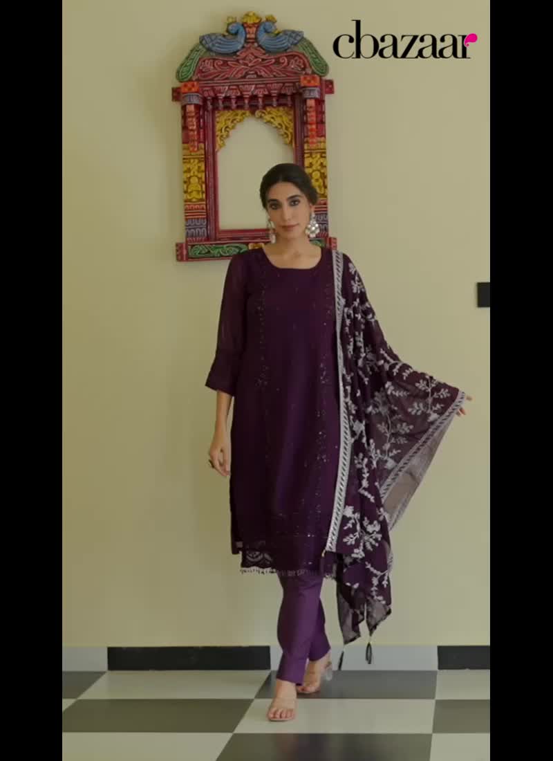 Purple Georgette Embroidered Sequins With Moti Work Straight Pant Suit Festive Wear