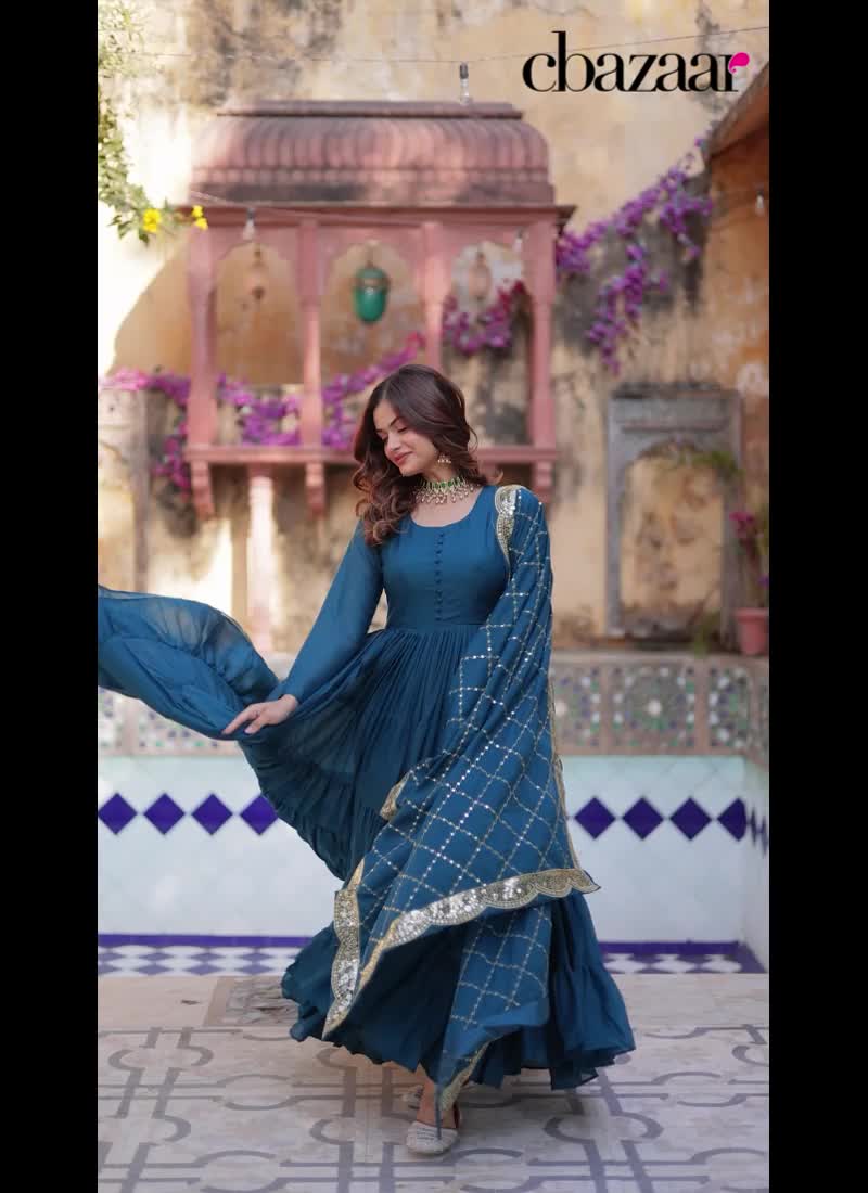 Rama Blue Faux Georgette Embroidered Sequins Anarkali Suit Festive Wear