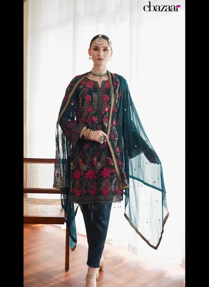 Rama Blue Faux Georgette Thread Embroidered Pakistani Suit Party Wear