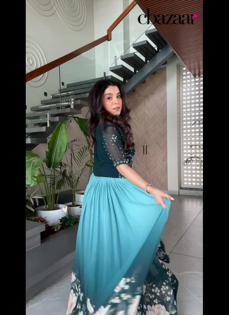 Rama Blue Faux Georgette Thread Embroidered With Beads Anarkali Gown Festive Wear