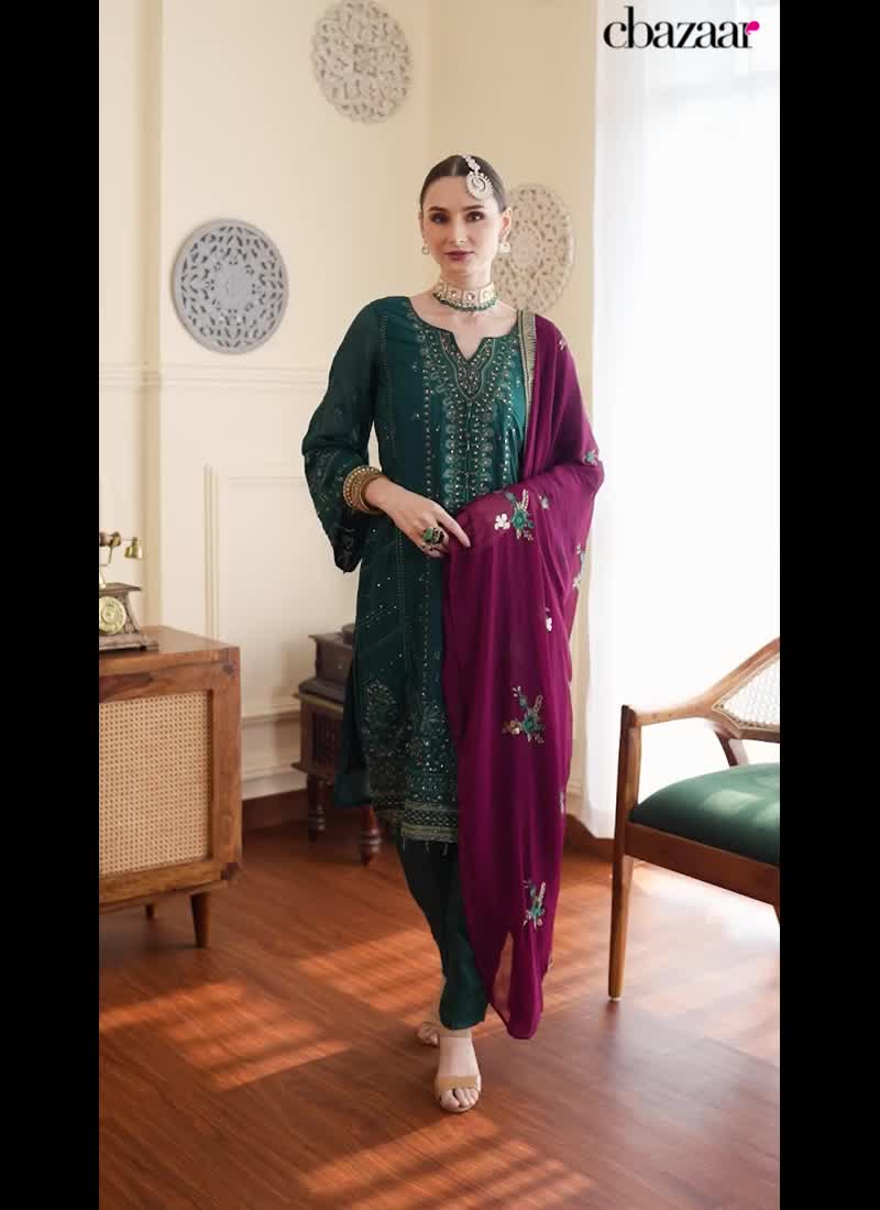 Rama Green Faux Georgette Thread Work Pakistani Suit Party Wear