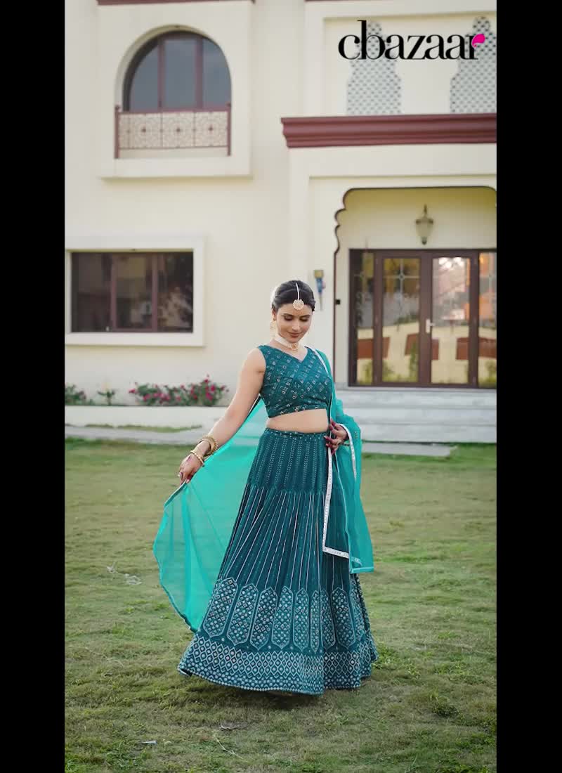 Rama Green Faux Georgette Zari Embroidered Sequins Stunning Lehenga Wedding Wear