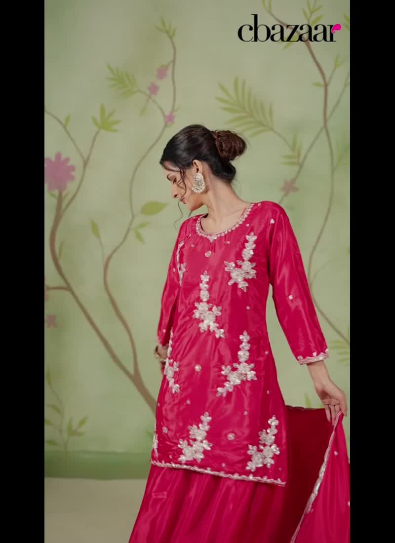 Rani Pink Crepe Silk Zari Hand Embroidered Sequins With Beads Work Long Choli Lehenga Festive Wear