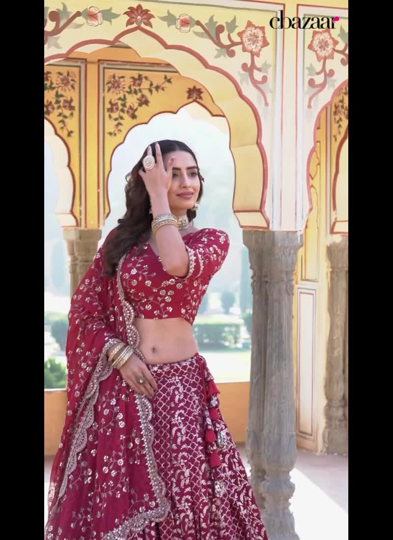 Rani Pink Viscose Jacquard Sequins Umbrella Lehenga Party Wear