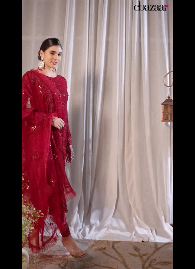 Red Faux Georgette Embroidered Pakistani Suit Party Wear