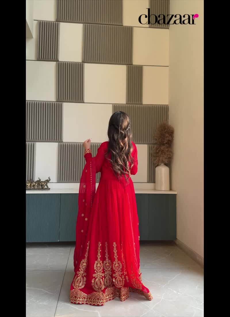 Red Faux Georgette Zari Embroidered Sequins Anarkali Suit Festive Wear