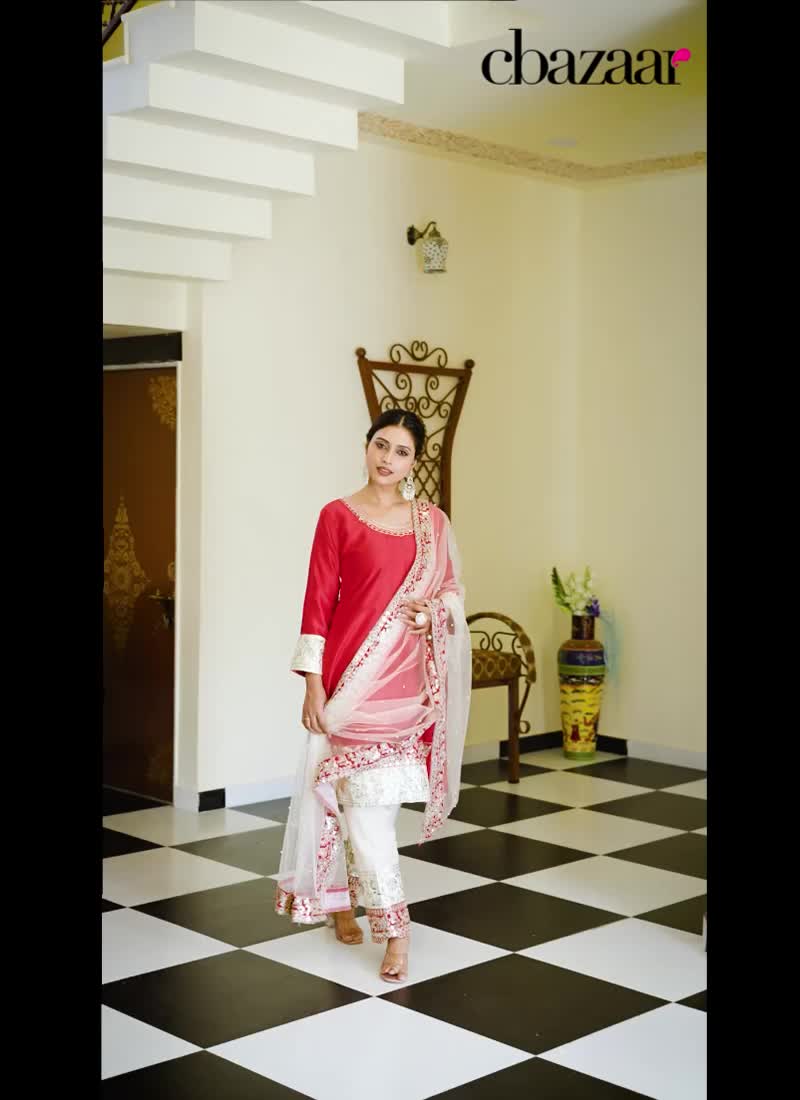 Red Malai Satin Embroidered Sequins Straight Pant Suit Festive Wear