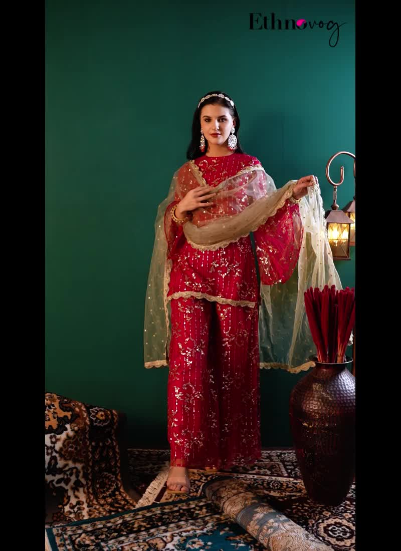 Red Net Embroidered Palazzo Suit Festive Wear