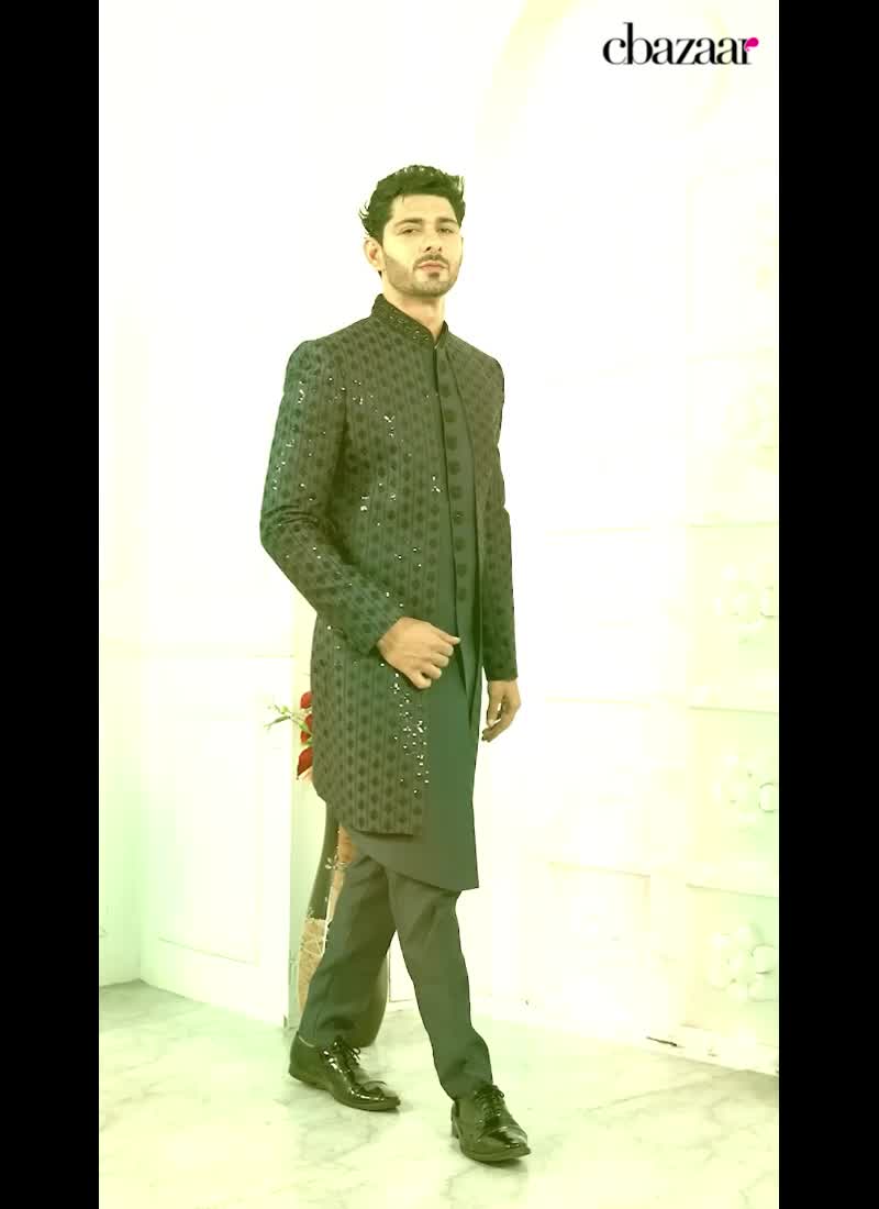 Refined Glamour Blue Silk Sequins Embroidered Indowestern Sherwani Wedding Wear