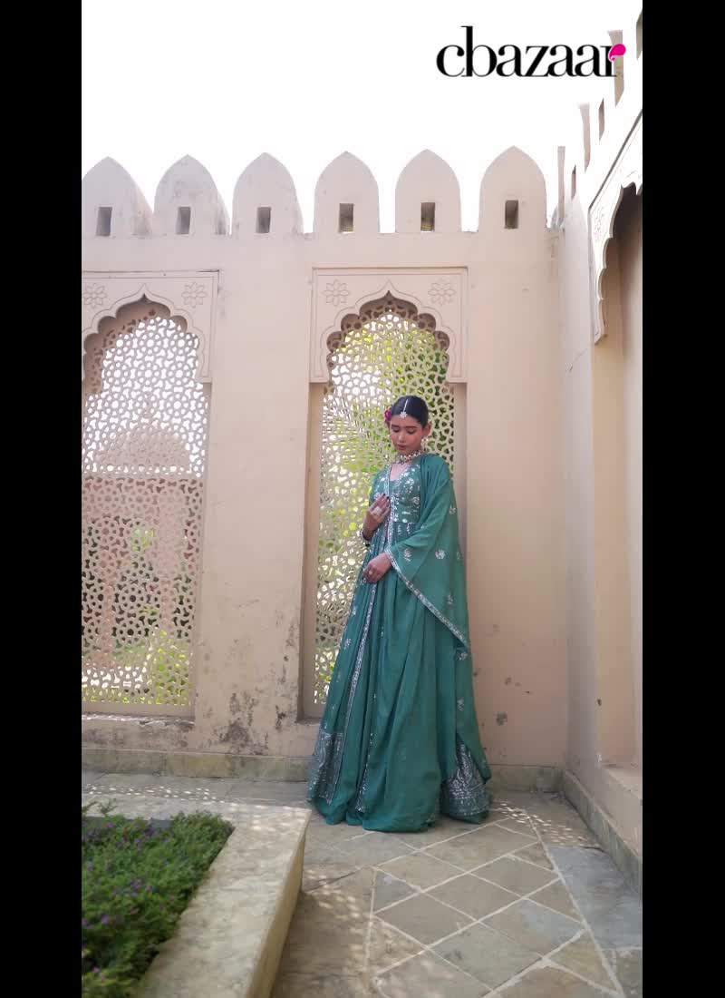 Regal Green Anarkali Lehenga In Chinon With Embroidered Sequins Work Festive Wear