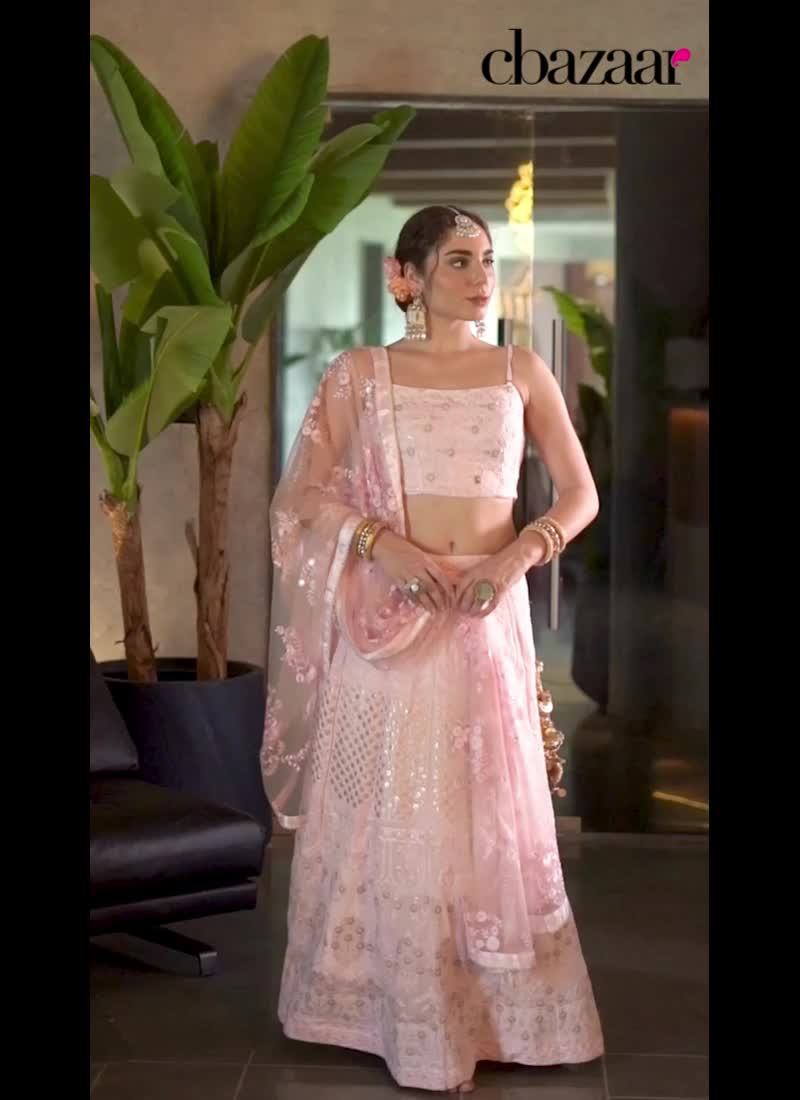 Rich Pink Faux Georgette Zari Sequins Lehenga Wedding Wear