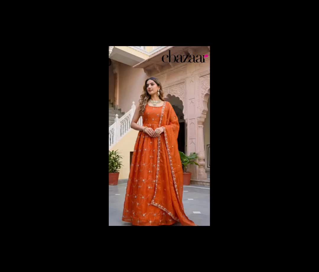 Rust Fendy Silk Embroidered Sequins Zari Anarkali Suit Festive Wear