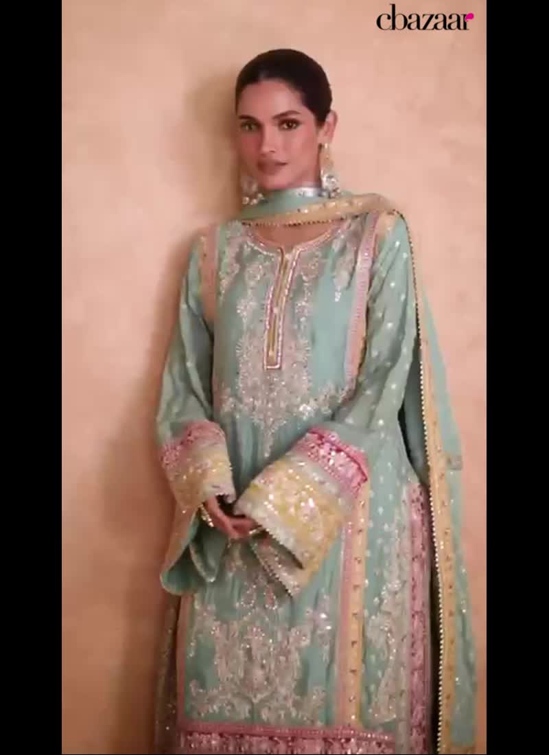Sea Green Chinon Embroidered and Gota Palazzo Suit Party Wear