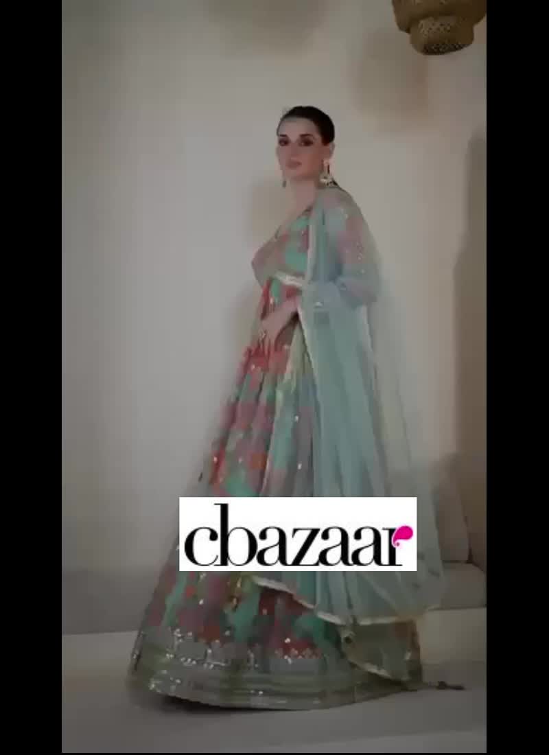Sea Green Georgette Anarkali Gown With Embroidered Sequins And Dupatta Festive Wear