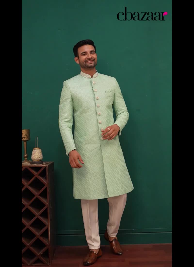 Sea Green Silk Hand Embroidered Sequins Indowestern Sherwani Wedding Wear