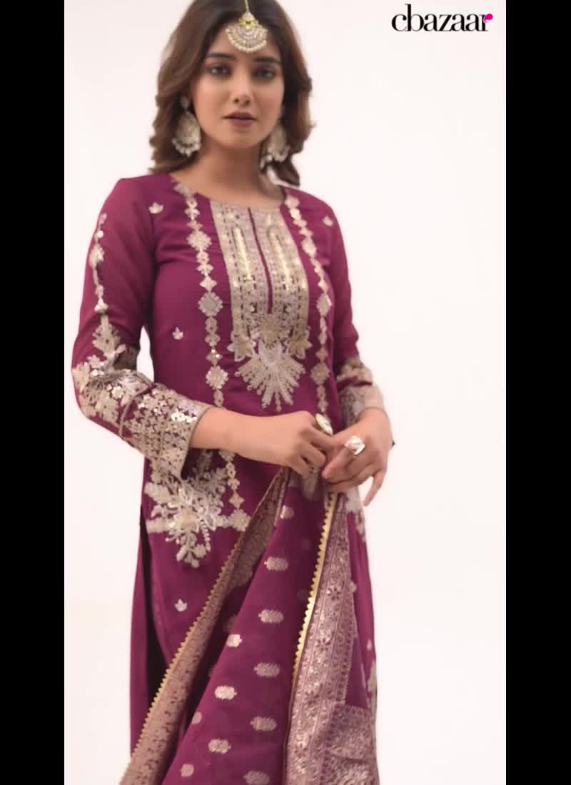 Sequins Zari Wine Pakistani Suit Party Wear