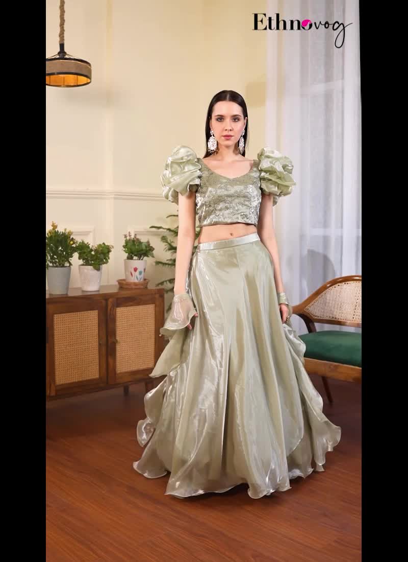 Silver Organza Satin Embroidered Lehenga Set Festive Wear