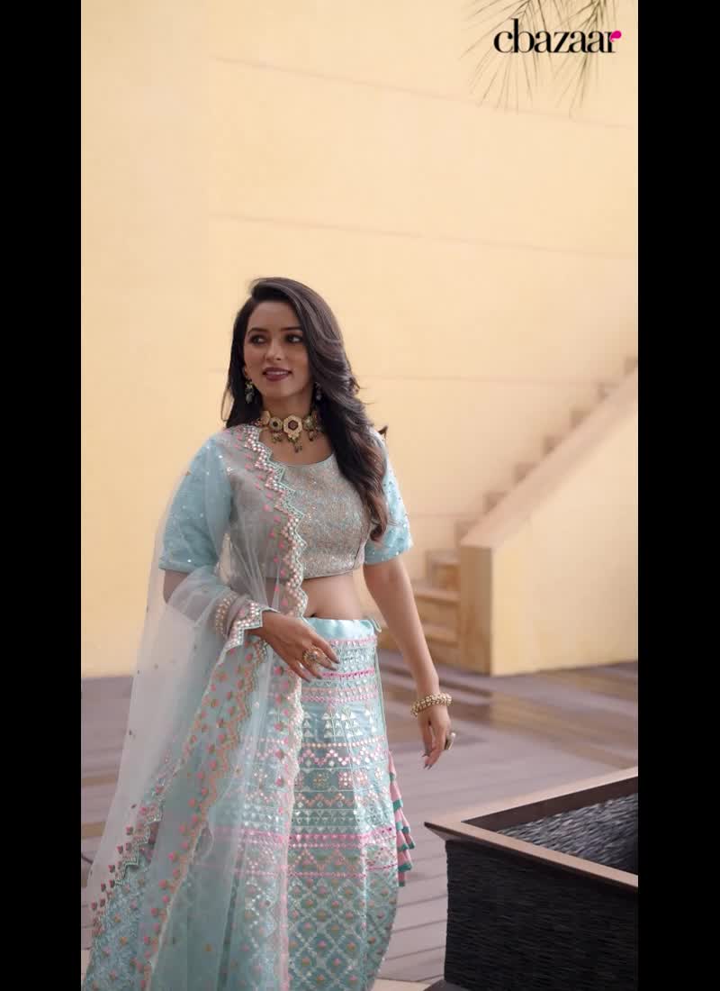 Sky Blue Art Silk Embroidered Sequins A Line Lehenga With Matching Choli And Dupatta Wedding Wear