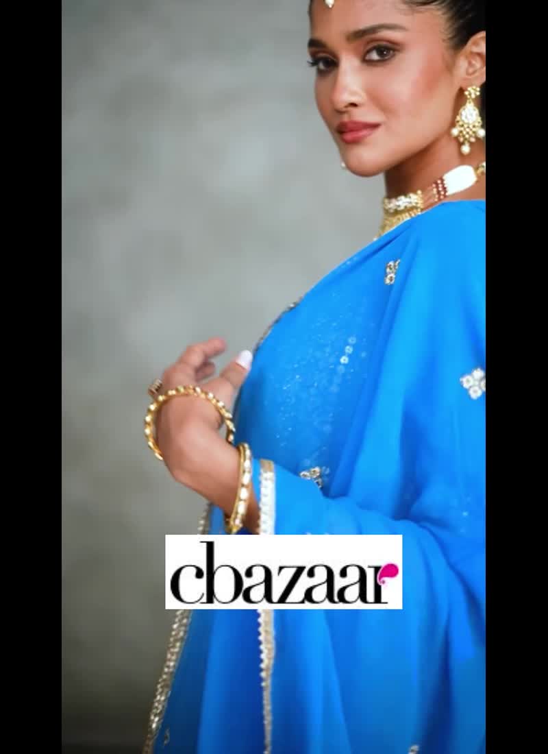 Sky Blue Embroidered Sequins Palazzo Suit Party Wear