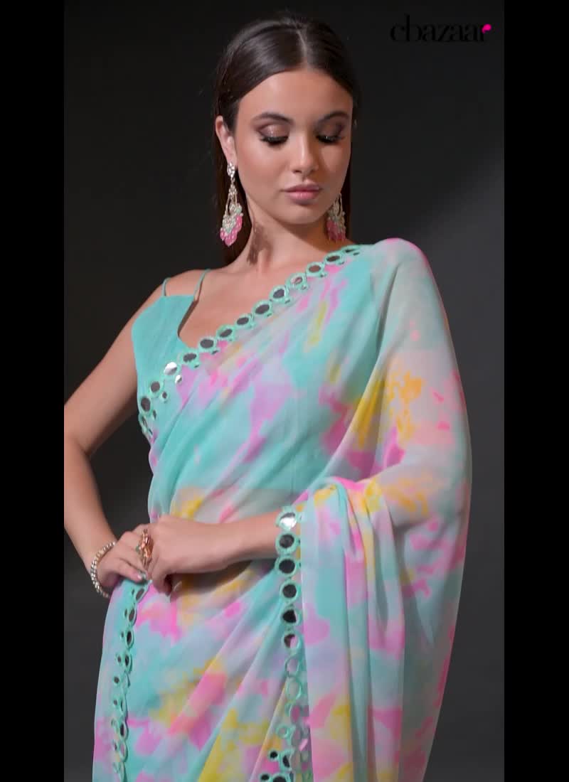 Sky Blue Faux Georgette Printed Saree After Six Wear