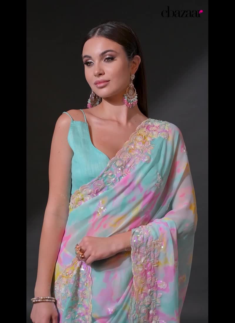 Sky Blue Faux Georgette Printed Saree With Sequins And Embroidery After Six Wear