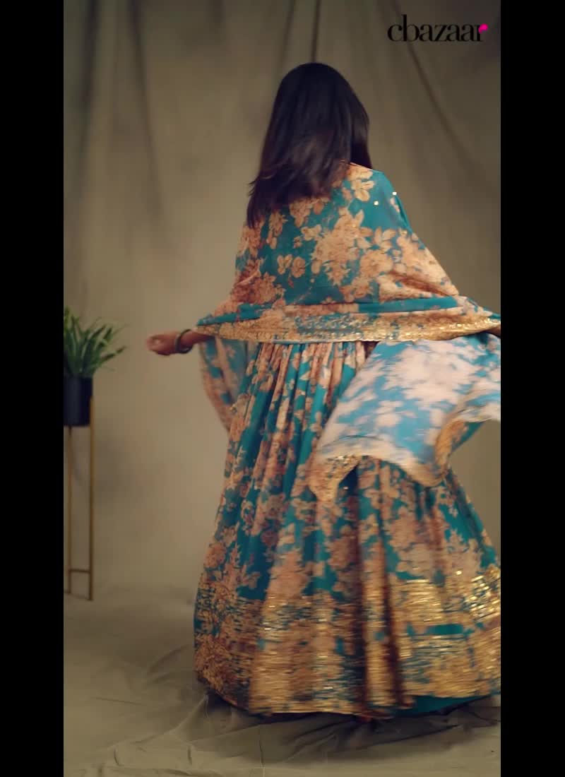 Sky Blue Organza Floral Digital Print Umbrella Lehenga Party Wear