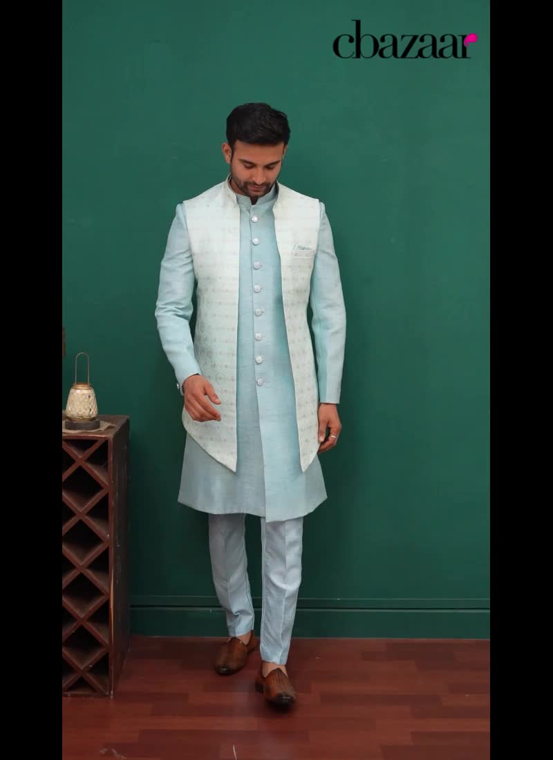 Sky Blue Tussar Silk Embroidered Sequins Indowestern Sherwani Wedding Wear