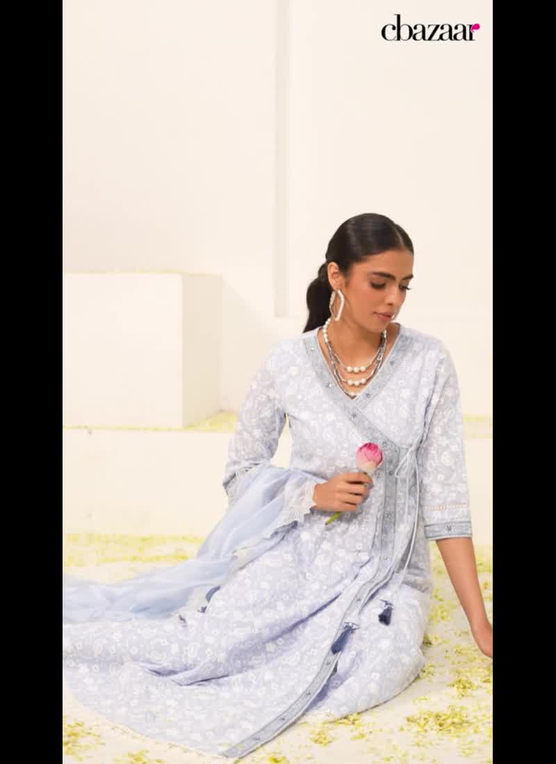 Straight Pant Suit Light Blue Cotton Embroidered Angarkha Style Classy Women Party Wear