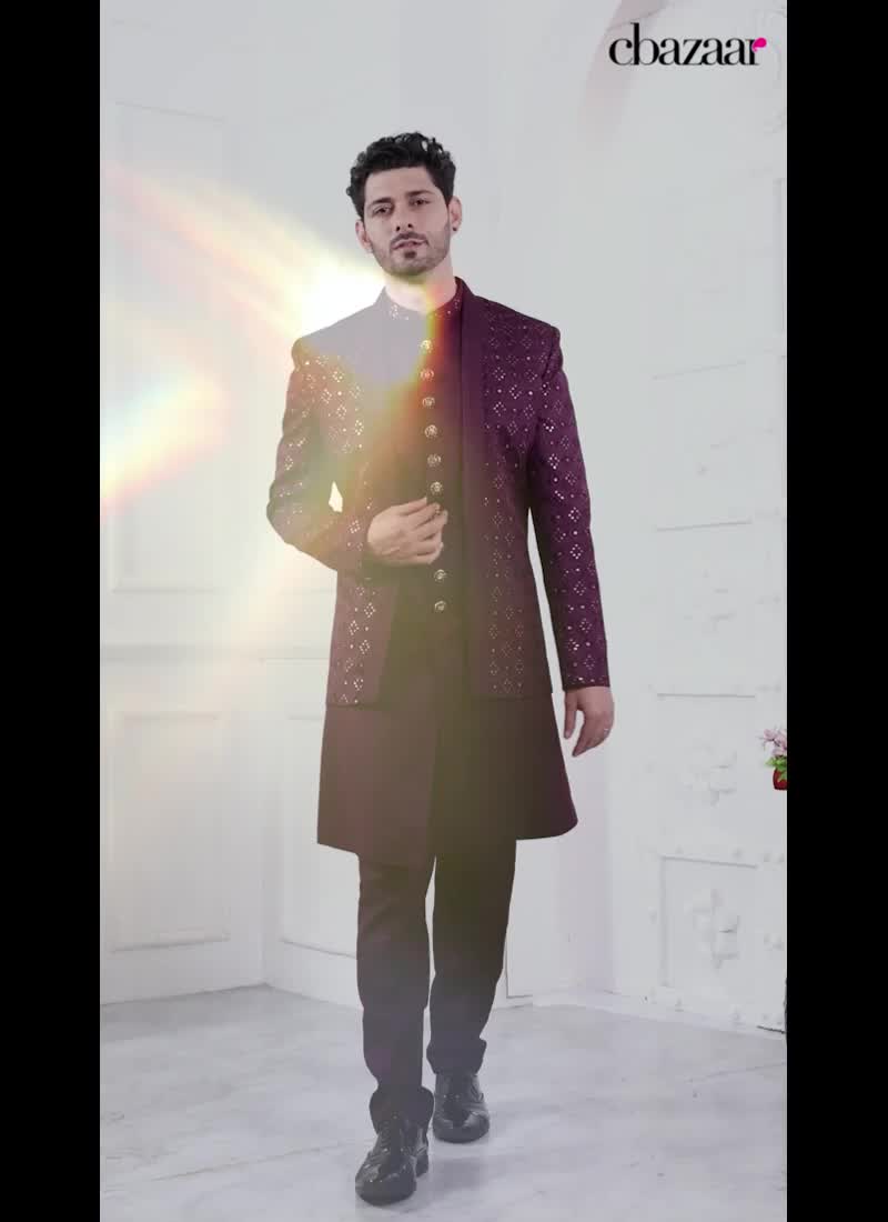 Stylish Wine Silk Sequins Embroidery Indowestern Sherwani Wedding Wear