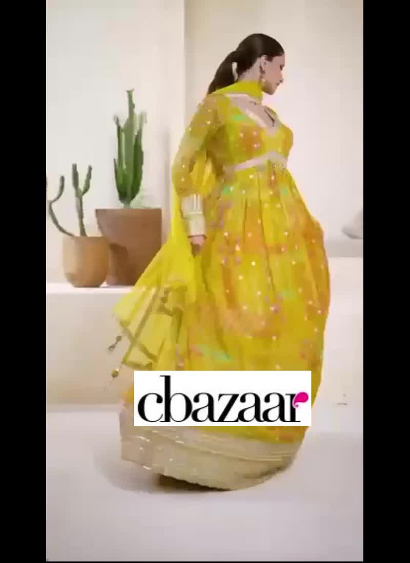 Stylish Yellow Georgette Embroidered Sequins Anarkali Gown With Dupatta Festive Wear
