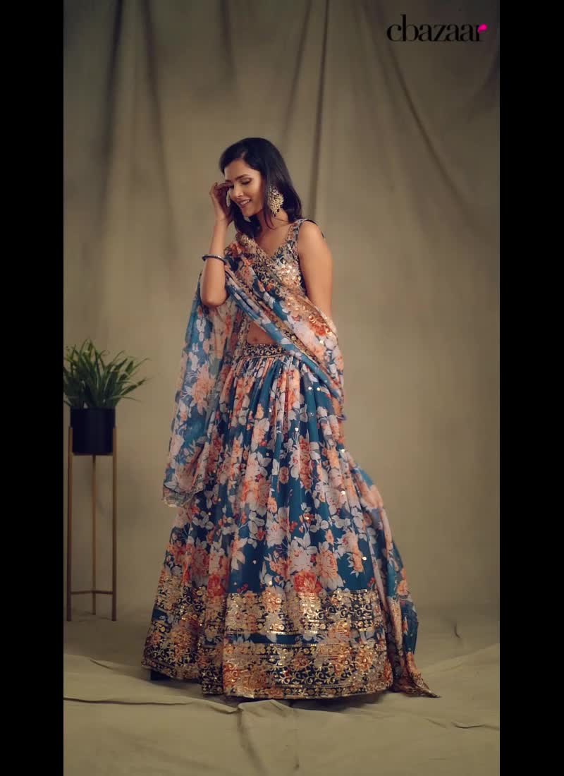 Teal Blue Organza Floral Digital Print Umbrella Lehenga Party Wear