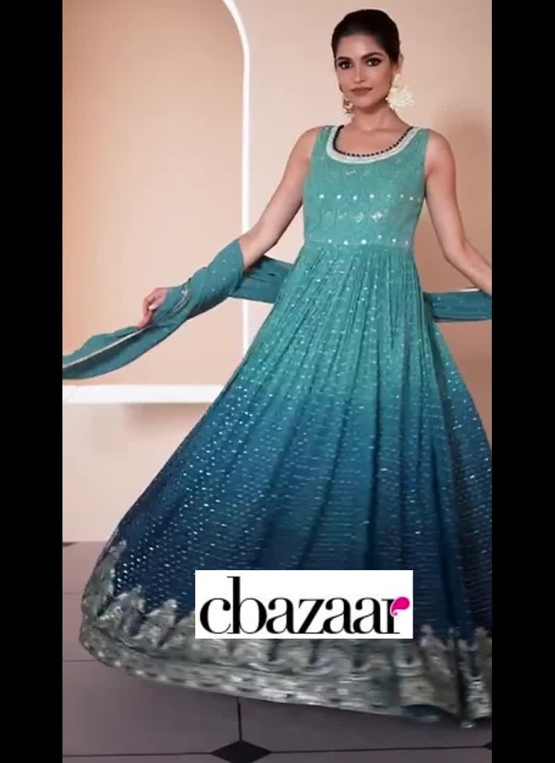 Teal Faux Georgette Embroidered Dress Party Wear