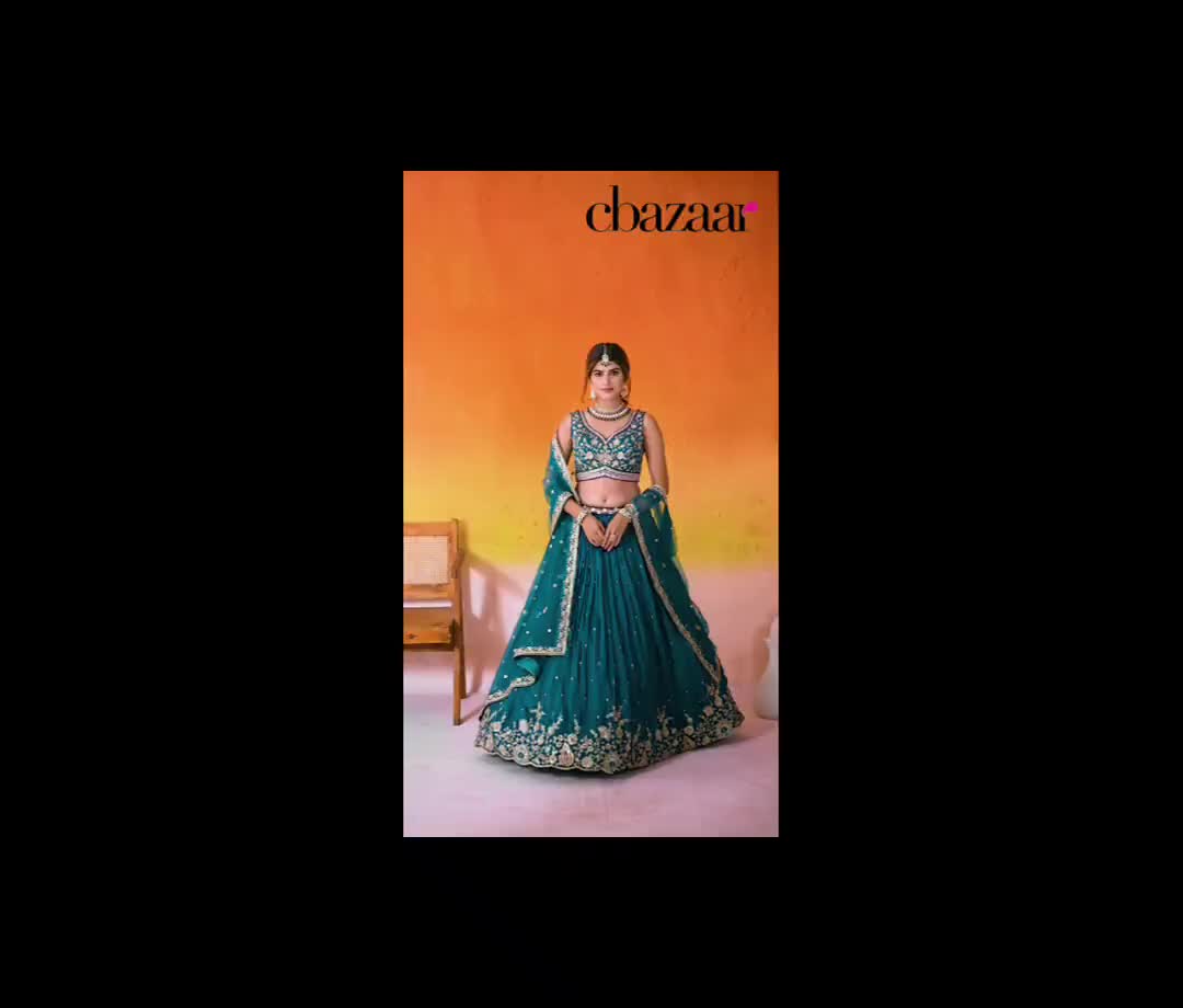 Teal Georgette Embroidered Sequins And Beads Work Lehenga Wedding Wear