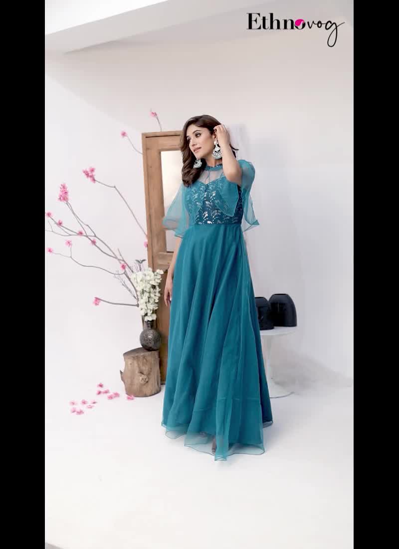 Teal Green Chinon Embroidered Gown With Cape Party Wear