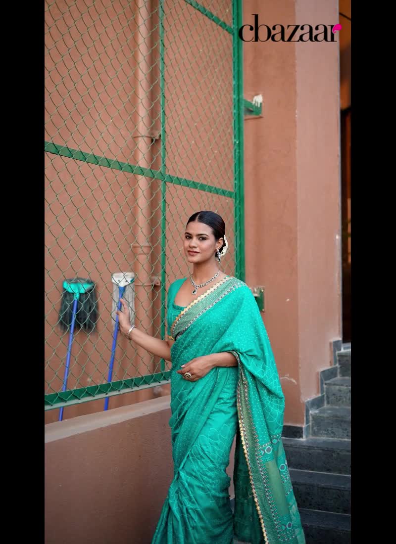 Teal Green Cotton Zari Woven Foil Print Saree Festive Wear