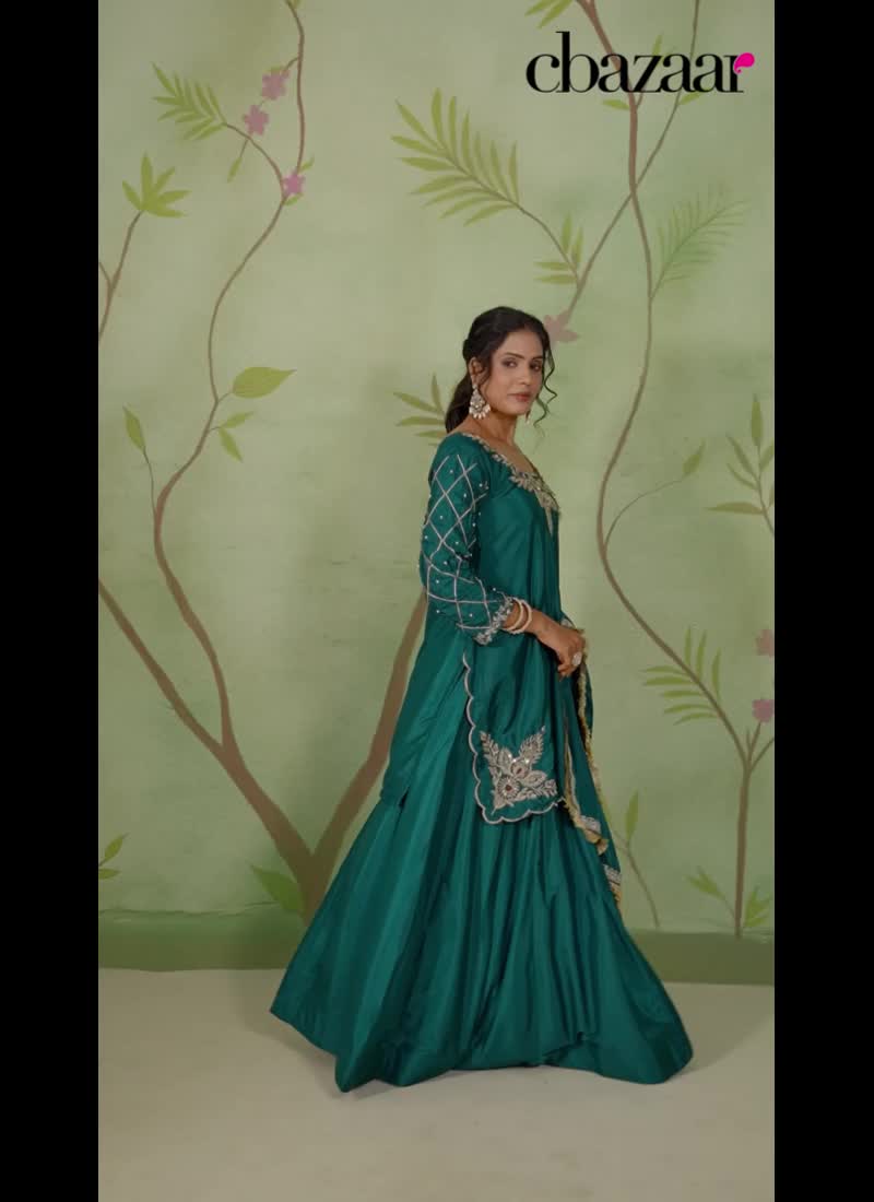 Teal Green Crepe Silk Zari Hand Embroidered Sequins With Beads Work Long Choli Lehenga Festive Wear