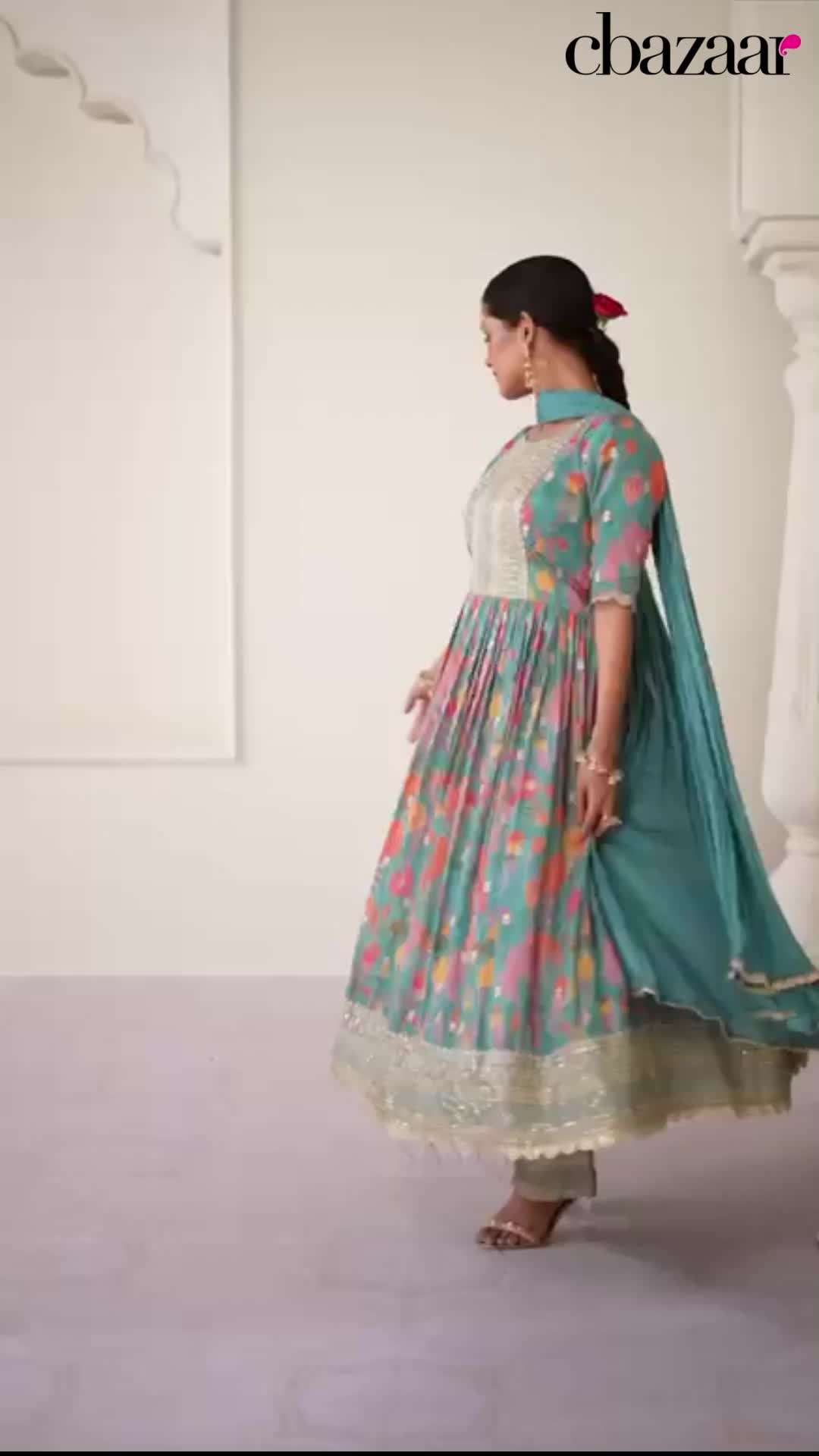 Teal Green Embroidery Printed Organza Silk Anarkali Suit Party Wear