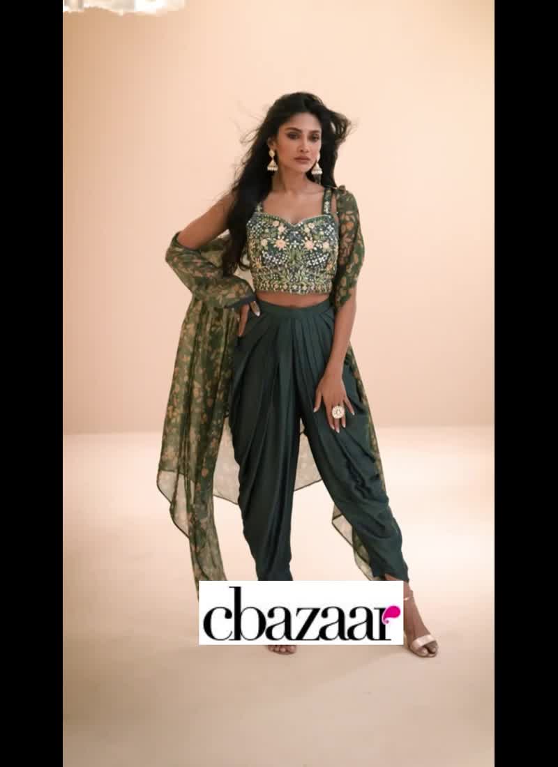 Teal Green Satin Blend Embroidered Indowestern Sets and Suits Party Wear