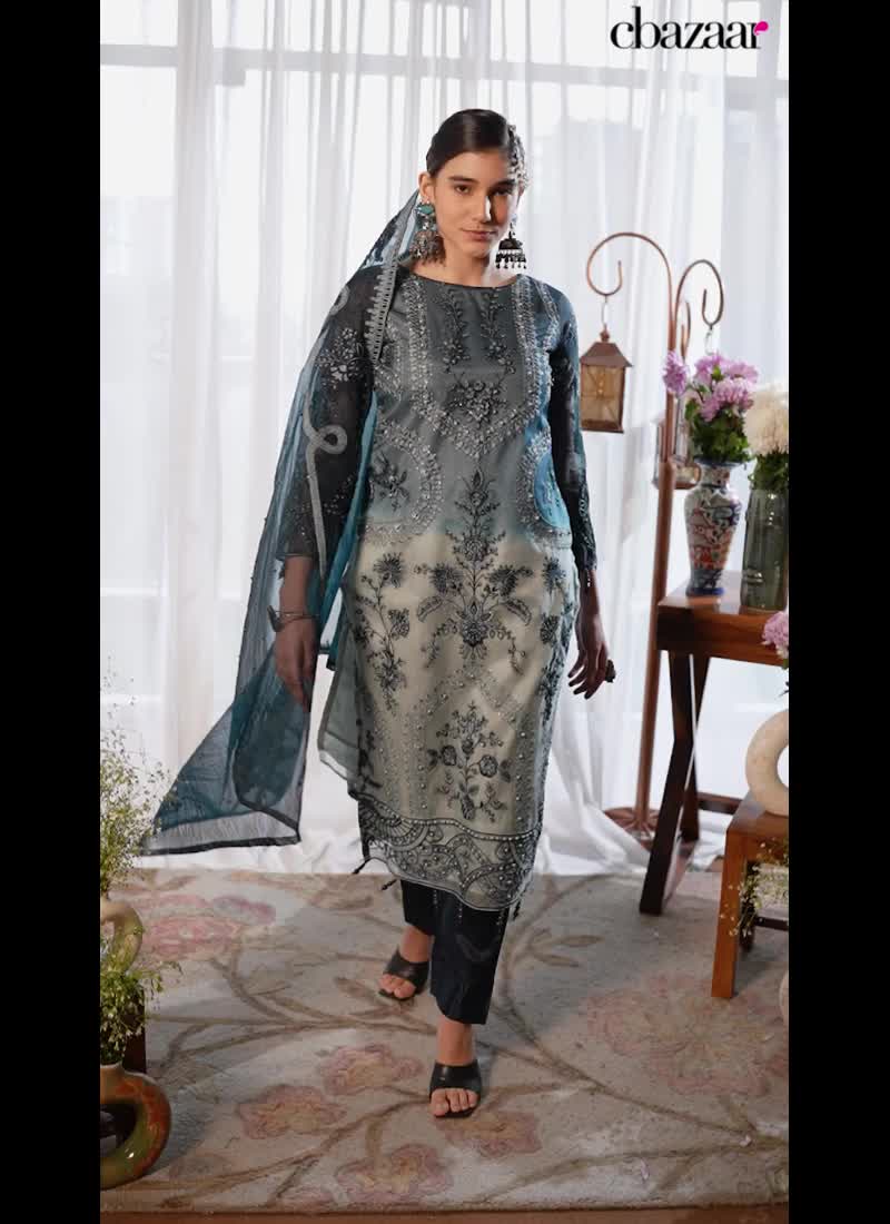 Teal Organza Embroidered Pakistani Suit Party Wear