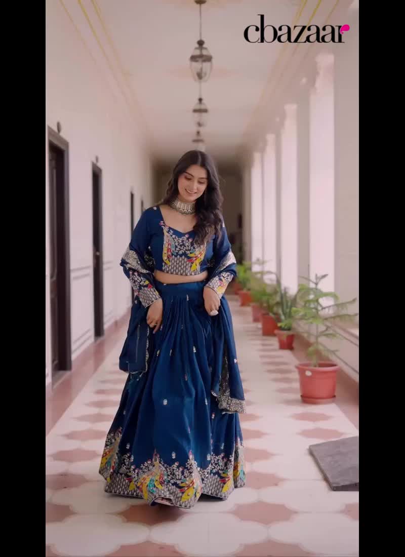 Teal Vichitra Silk Embroidered Sequins Lehenga Festive Wear